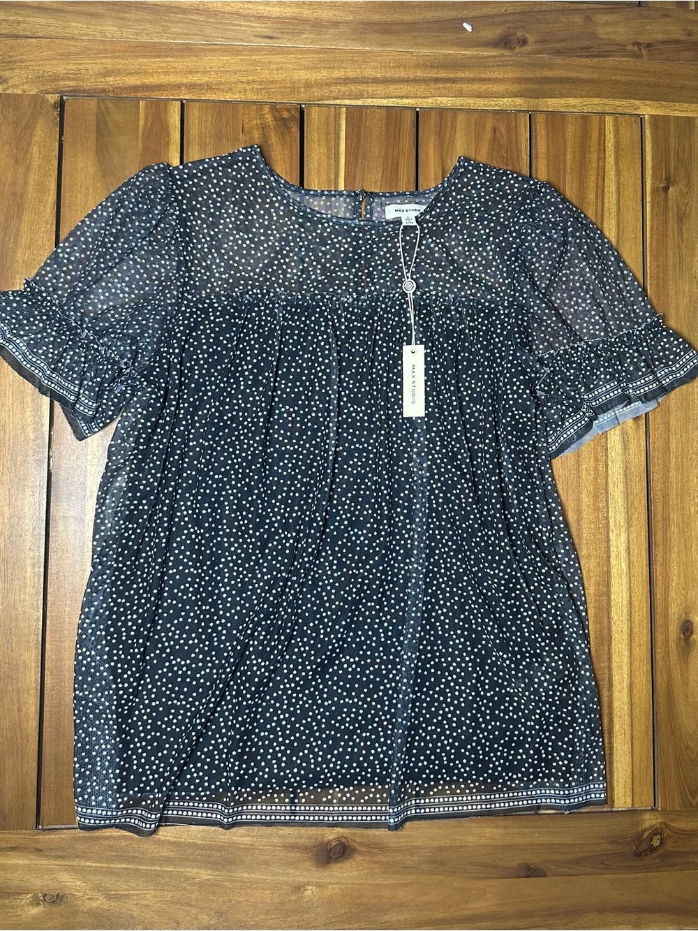 Max Studio Black Polka Dot Short Sleeve Blouse Size L
